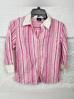 DCC Missy Y2K Pink & White Striped Stretch button blouse size medium
